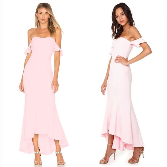 LIKELY Ballerina Pink Crepe Sweetheart‎ Neck Off Shoulder Ruffle Hem Maxi Gown 4